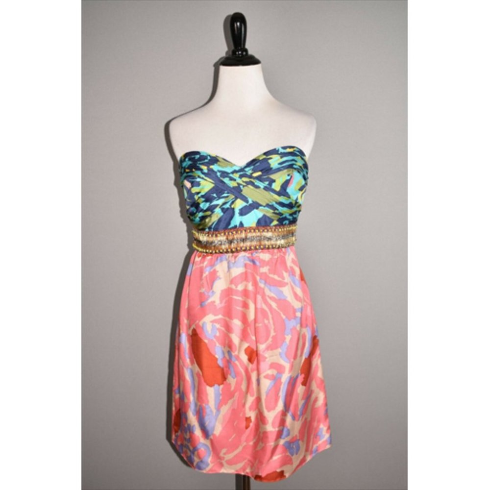 TIBI NEW YORK Printed Ruched Strapless Silk Dress